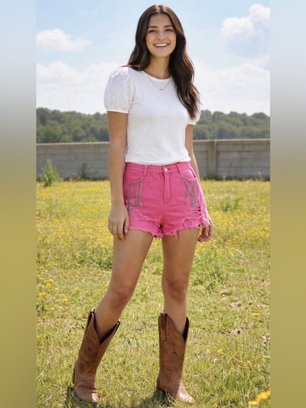 Outfit! Country Chic Size M-L White Eyelet Puff-Sleeve Top  With Fringe Shorts L